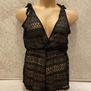 No Boundaries Black Crochet V-Neck Swim Coverup with Tie Straps
